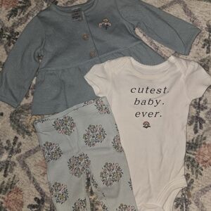 Carter's Blue Cardigan Set with Floral Pants and White Onesie